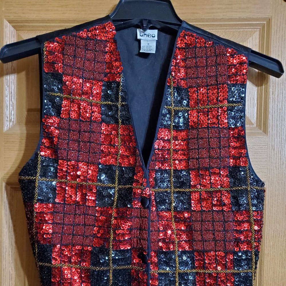 VINTAGE THEO BLACK AND RED BEADED SEQUINS VEST SIZE M INDIA